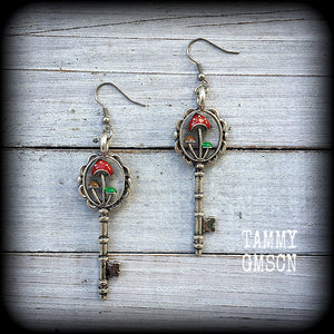 Enamel mushrooms-Antique key earrings