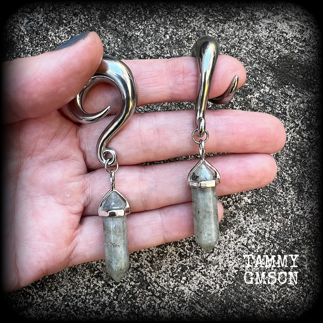 Labradorite gauged earrings-Hanging gauges