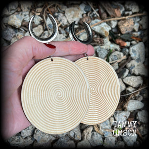 Tribal spiral wood disc earrings-Gauged earrings