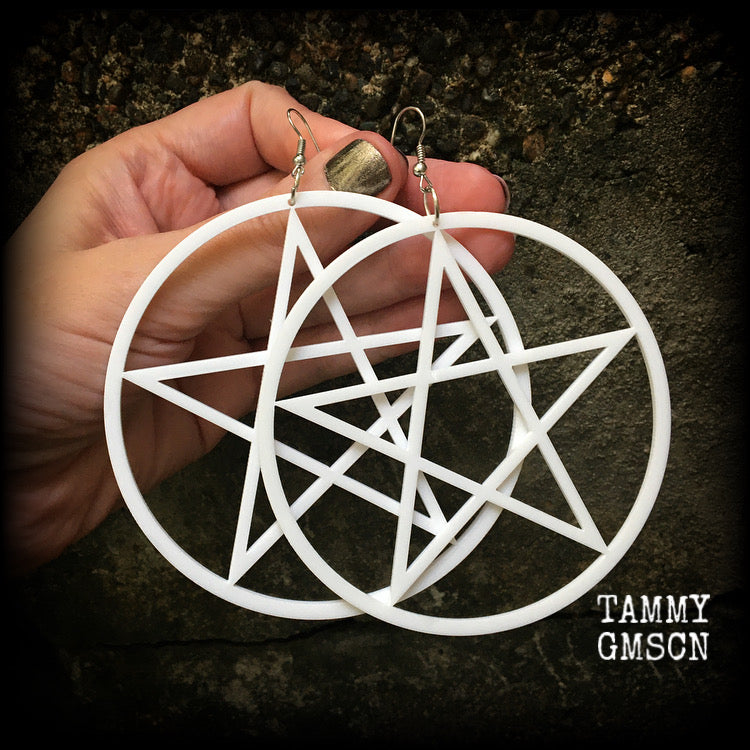 White goth oversized pentagram earrings