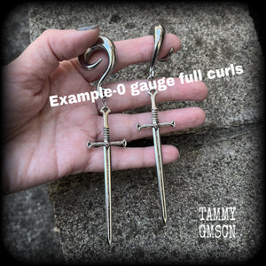 Ace of swords ear hangers 0 gauge ear weights Sword ear gauges Tarot card earrings Body jewelry 6g 2g 00g 1/2” 9/16” 5/8” 3/4” 7/8” 1” 1.10" 1.18" Stretched ears Stretched lobes Gauged ears Tarot jewelry Black Friday Witchy earrings Gothic jewelry