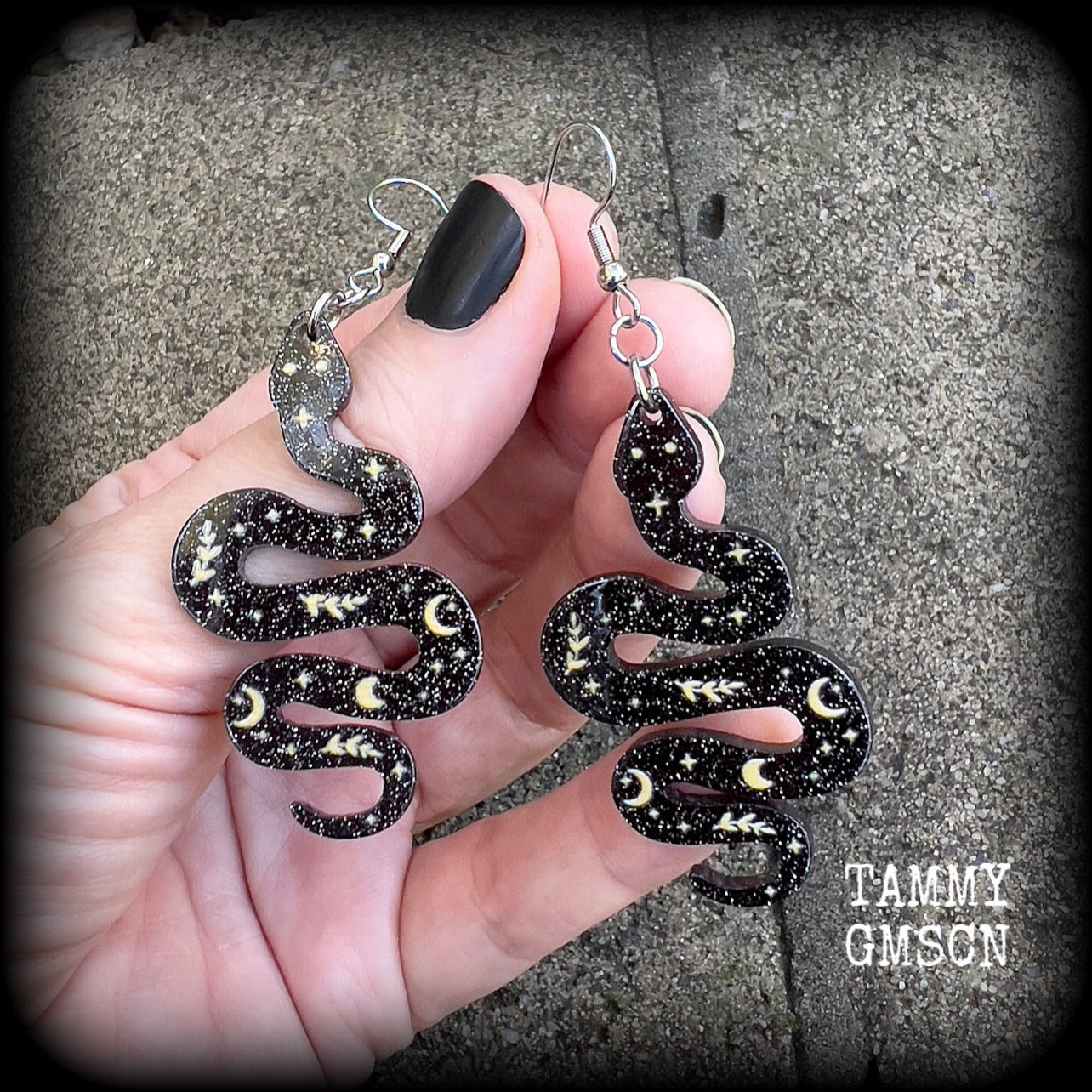 Black snake earrings Celestial snake earrings Whimsigoth earrings Serpent earrings Asp earrings Snake jewelry Sun and moon earrings Reptile earrings Pierced ears Tunnels Plugs Ear gauges Stretched ears Gauged earrings
