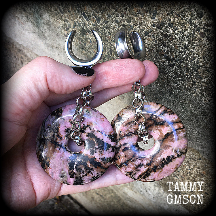 Rhodonite gauged earrings-Gemstone ear weights