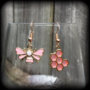 Pink bee and beehive earrings