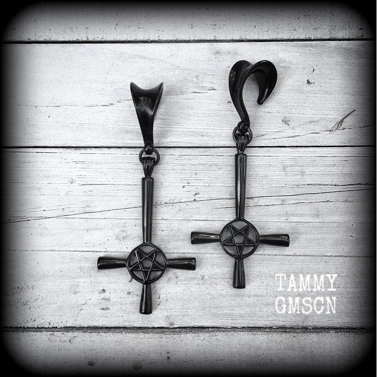 Black inverted cross gauged earrings