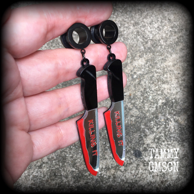 Kitchen knife tunnel earrings Halloween tunnel earrings Real life crime Crime scene clean up True crime 4mm 6mm 8mm 10mm 12mm 14mm 16mm 19mm 22mm 25mm 28mm 30mm Body jewelry Horror movie Slasher movie Gauged earrings Stretched lobes Stretched ears 