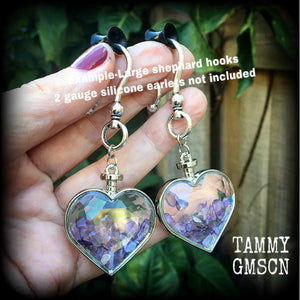 Amethyst earrings Amethyst jewelry Amethyst jewellery 2 gauge ear hangers Unique ear jewelry Heart earrings Gemstone earrings Gemstone heart earrings Ear gauges True love Valentine Valentines day Valentines gifts Heart jewelry Crystal earrings Whimsygoth