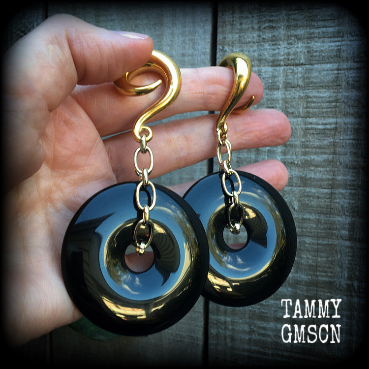 Black obsidian gauged earrings-Ear weights