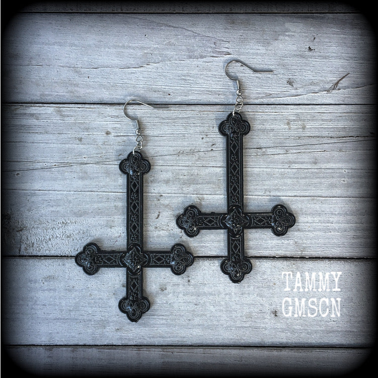 Ornate black inverted cross earrings