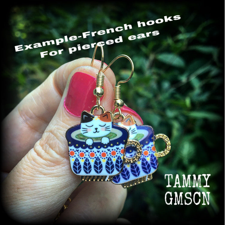 Cat earrings-Folk art teapot earrings