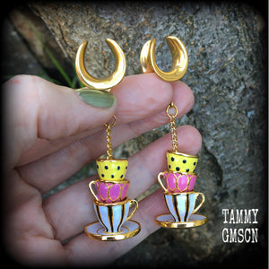 Enamel teacup gauged earrings