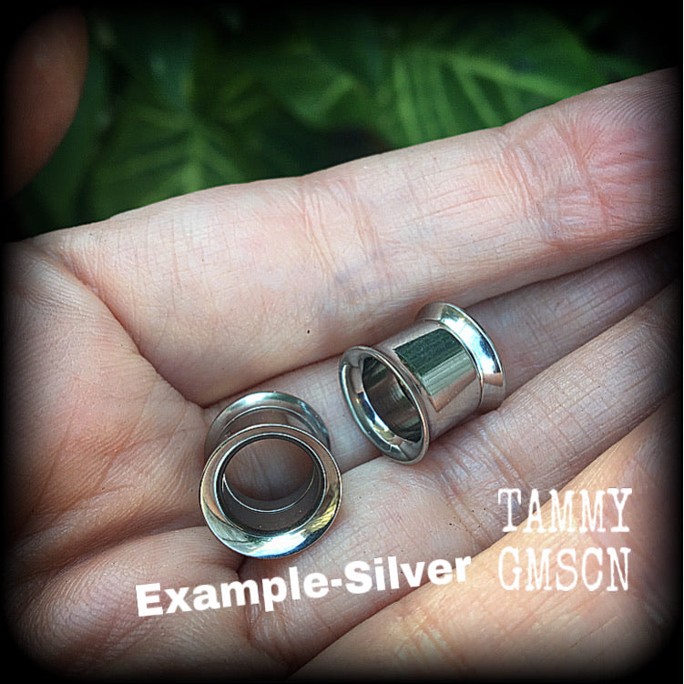 -4mm-6 gauge tunnels
-5mm-4 gauge tunnels
-6mm-2 gauge tunnels
-8mm-0 gauge tunnels
-10mm-00 gauge tunnels
-12mm-1/2" tunnels
-14mm-9/16" tunnels
-16mm-5/8" tunnels
-18mm-11/16" tunnels
-20mm-13/16" tunnels
-22mm-7/8" tunnels
-25mm-1" tunnels