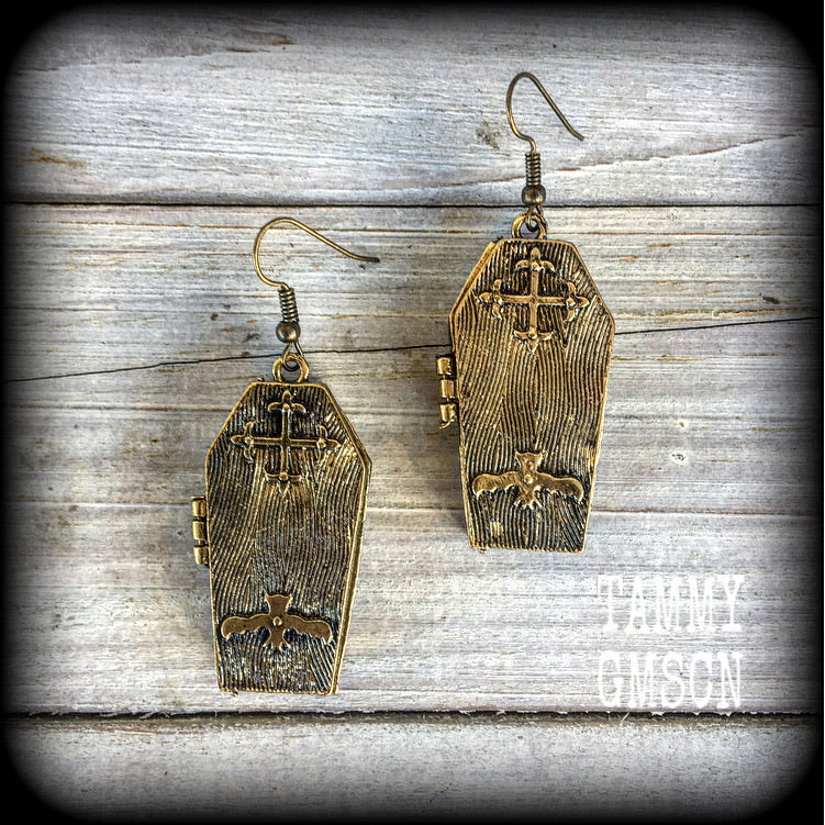 Bronze coffin earrings-Halloween earrings
