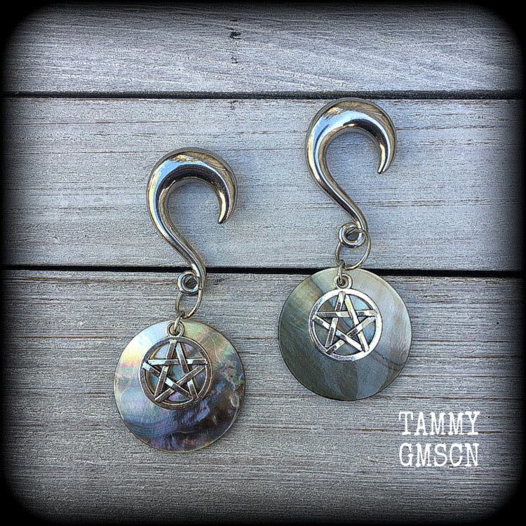 Mother of Pearl and pentagram gauged earrings-Shell earrings