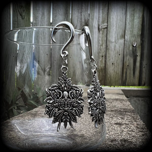 Greenman earrings Green man earrings Greenman jewelry Horned god Cernunnos jewelry Male god Stag god Folk horror Folk lore Mythology Mythological beasts Mythical Silver ear weights Ear hangers 4mm 6mm 8mm 10mm 12mm 14mm 16mm 19mm 22mm 25mm 28mm 30mm 