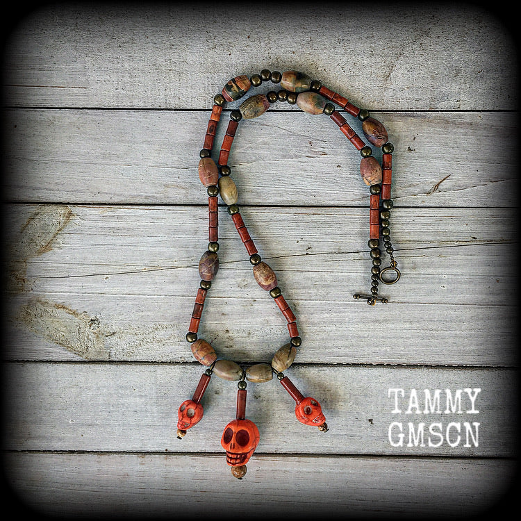 Papa Legba necklace-Skull necklace-Picasso jasper necklace