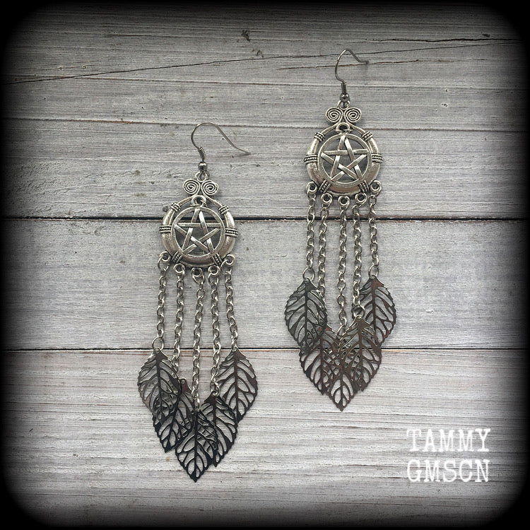 Leafy pentagram dangle earrings