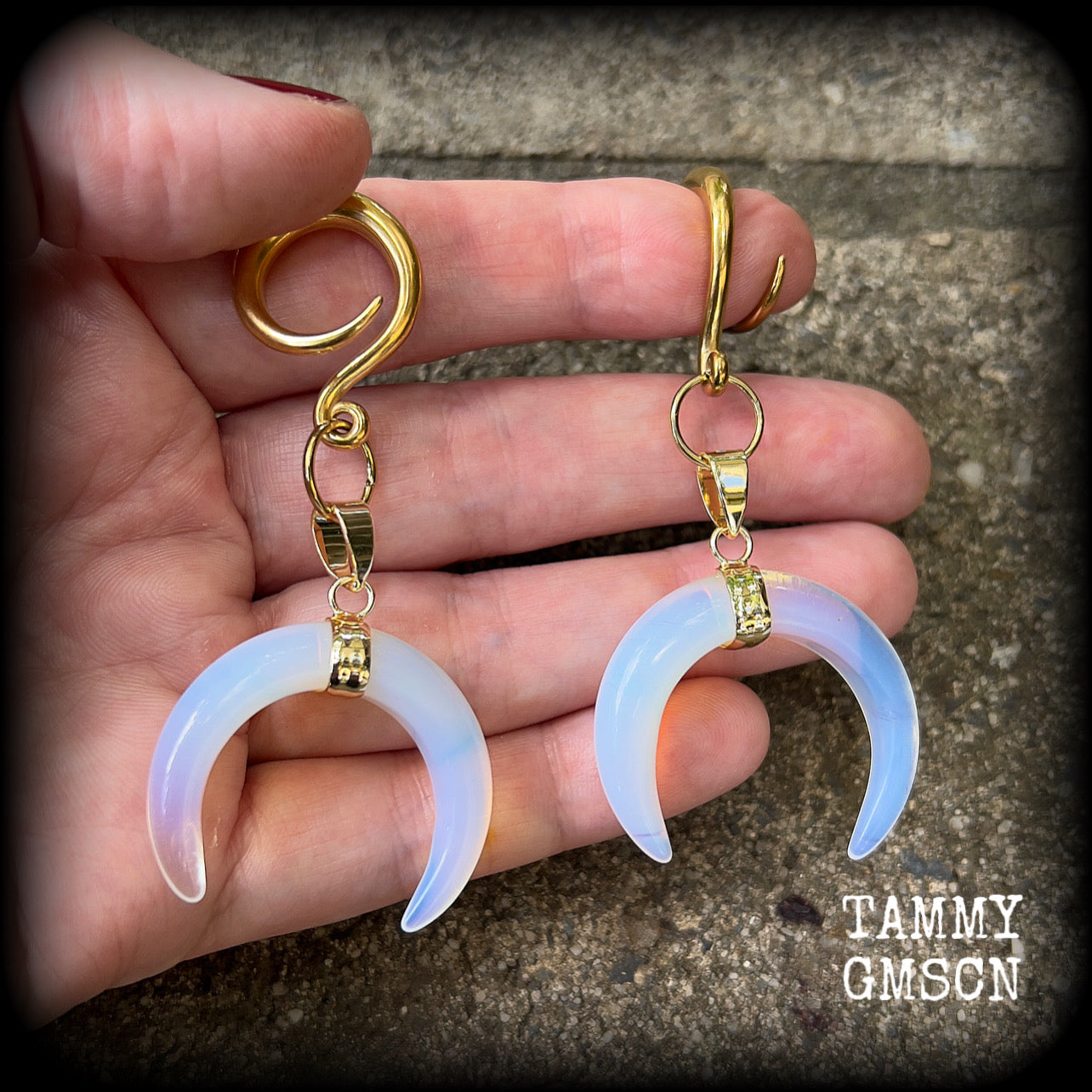 Opalite crescent moon gauged earrings