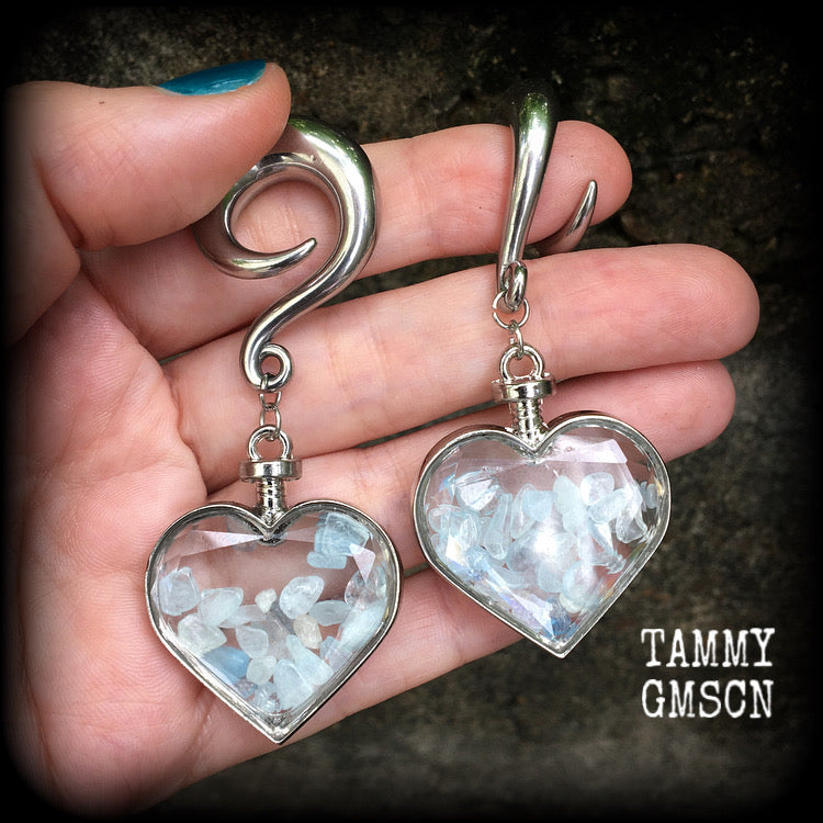 Aquamarine heart gauged earrings