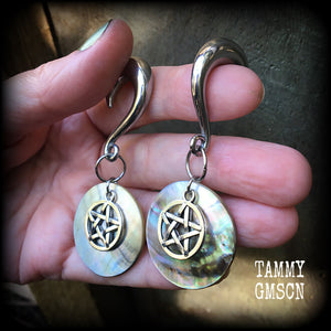 Mother of Pearl and pentagram gauged earrings-Shell earrings