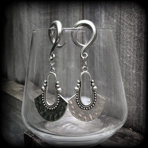 Tribal ear weights Artemis 2 gauge ear weights Antique silver half disc ear hangers Mandala Body jewelry 6g 2g 0g 00g 1/2” 9/16” 5/8” 1” 1.10" 1.18" Body jewelry Boho earrings Gypsy earrings Moss goth Gauged earings Stretched ears Stretched lobes