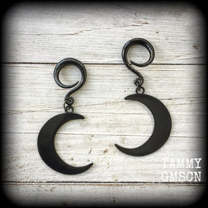 Crescent moon earrings-Black moon gauged earrings