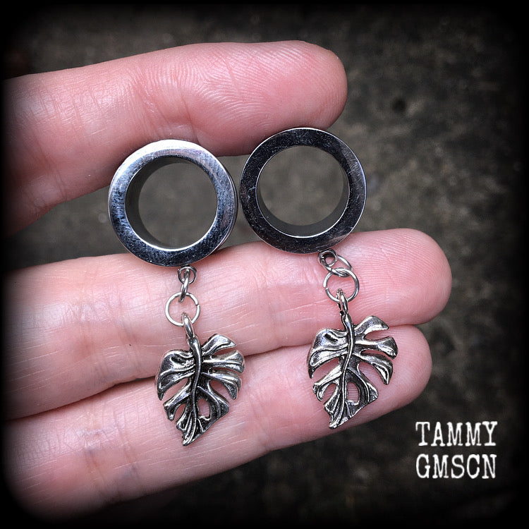 Monstera leaf tunnel earrings-Leafy tunnel dangles