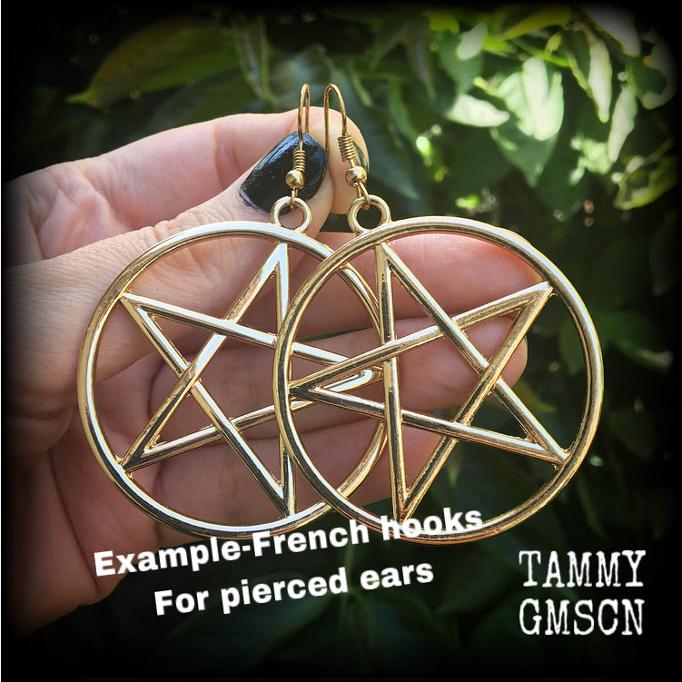 These are beautiful earrings feature large champagne gold pentagrams ,light weight (weighing only a few grams each) and nice and dangly, measuring just on 8cms from tip to tip.

This pair has been made on antique gold french hooks, suitable for pierced ears.