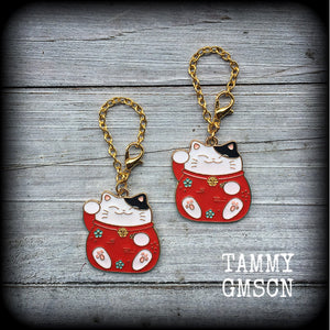 Maneki Neko earrings-Japanese cat tunnel dangles