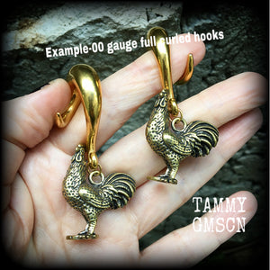 Brass rooster ear weights-Gauged earrings