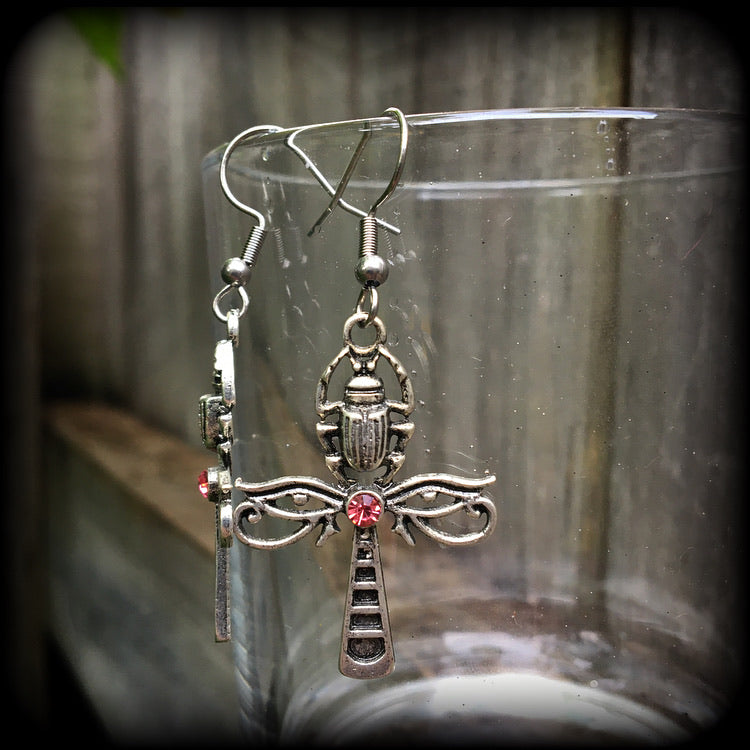 Eye of Horus ankh earrings-Scarab beetle ankh earrings