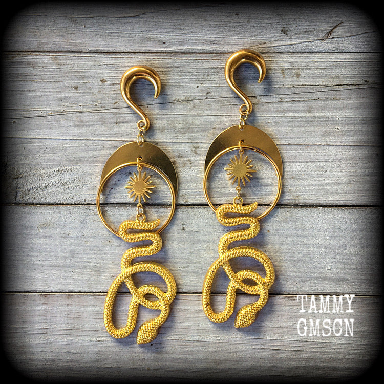 Snake and crescent moon gauged earrings