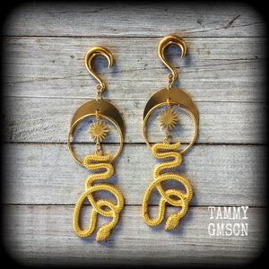 Snake and crescent moon gauged earrings