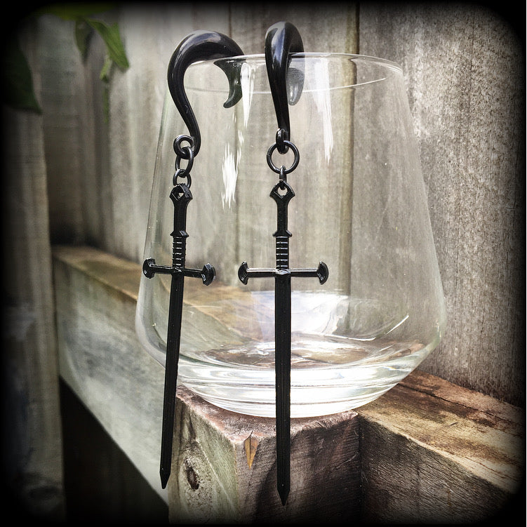 Ace of swords gauged earrings-Black sword ear hangers