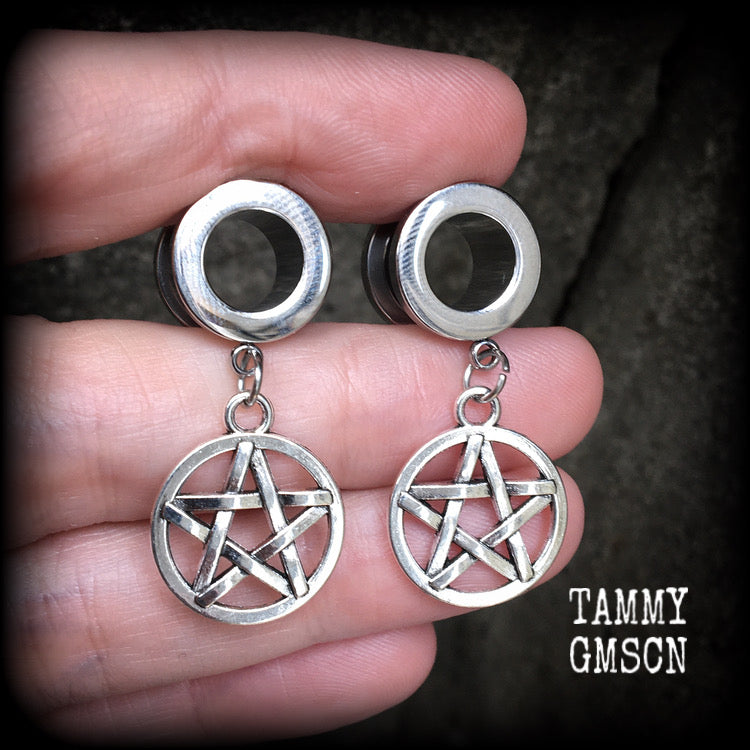 Pentagram tunnel earrings Pentagram tunnel dangles 00 gauge tunnel earrings Ear gauges Body jewelry 2g 0g 00g 1/2” 9/16” 5/8” 3/4" 7/8” 1” 1.10” Stretched ears Stretched lobes Witches jewellery Occult jewelry Pagan Druid Wiccan Satanic jewelry