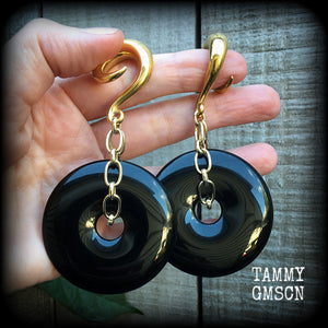 Black obsidian gauged earrings-Ear weights