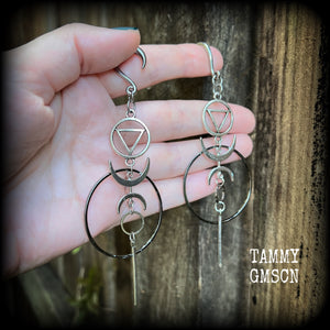 Geometric hoop and sigil gauged earrings-Inverted triangle occult earrings