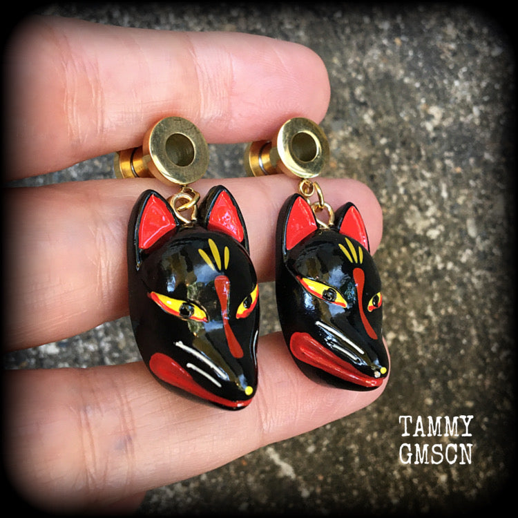 Black kitsune tunnel earrings-Japanese earrings