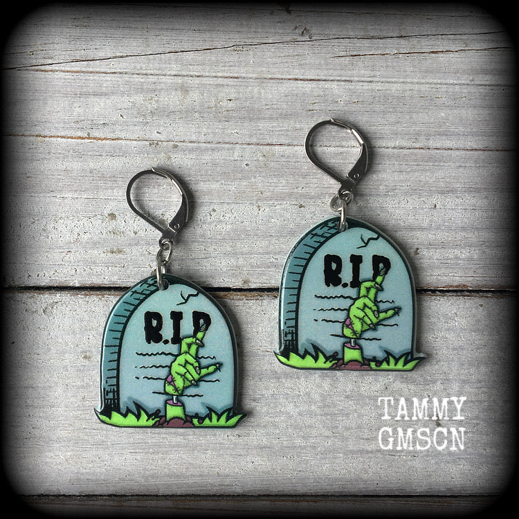 Zombie tombstone earrings-Halloween earrings