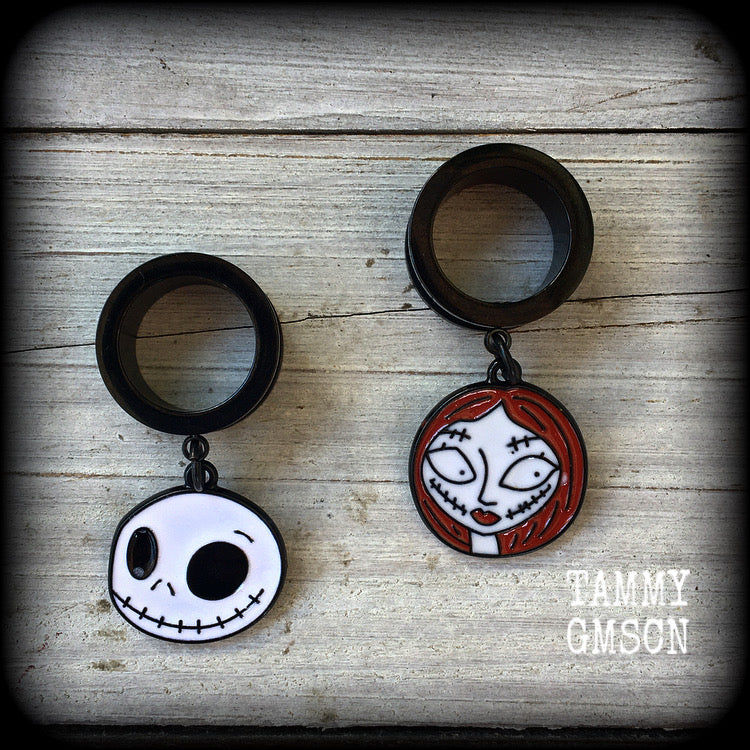 Jack and Sally tunnel earrings-Halloween earrings