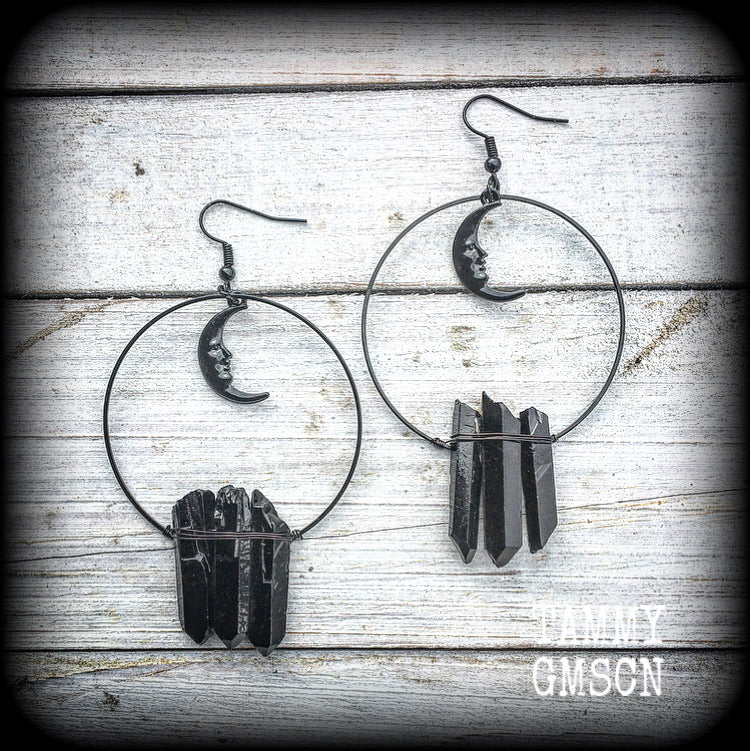 Black quartz and crescent moon hoop earrings