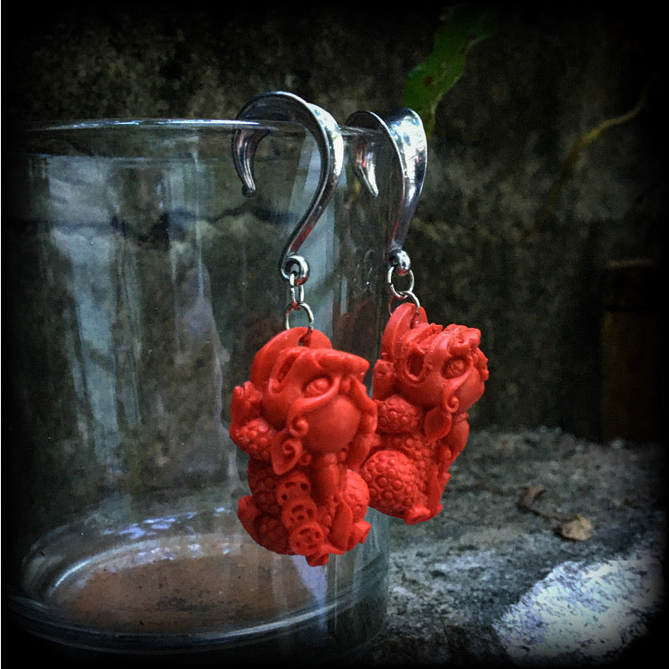 Gorgeous red cinnabar Pixiu gauged earrings available on a range of hooks and clasps for pierced ears and stretched lobes