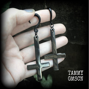 Black inverted cross gauged earrings