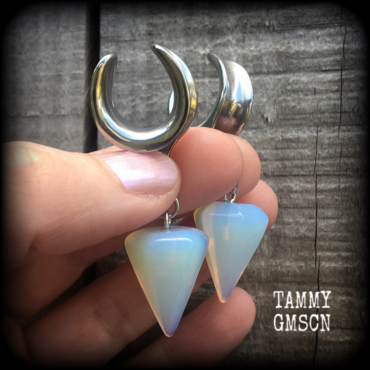 Opalite gauged earrings Moonstone body jewelry Body jewellery Gemstone ear weights Ear gauges Tunnels Plugs Gauged earrings 