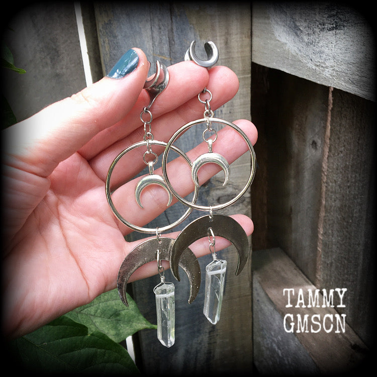 Crescent moon and faux crystal gauged earrings
