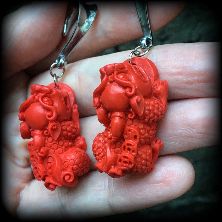 Gorgeous red cinnabar Pixiu gauged earrings available on a range of hooks and clasps for pierced ears and stretched lobes