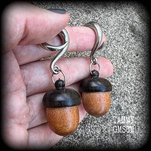 Acorn earrings Acorns earrings Wood ear weights Wood gauged earrings Carved wood ear weights 2 gauge ear weights Stash pot jewelry Stash pot earrings Pet jewelry Pet memorial urn Ear hangers 4mm 6mm 8mm 10mm 12mm 14mm 16mm 19mm 22mm 25mm 28mm 30mm