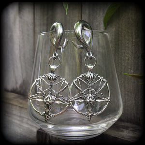 Antique silver Baphomet gauged earrings-Occult ear hangers