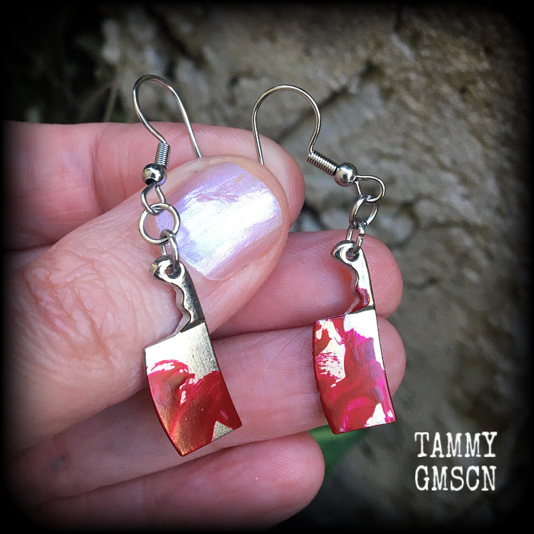 Bloodied meat cleaver earrings-Halloween earrings