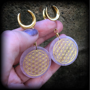 Rose quartz gauged earrings-Flower of life earrings